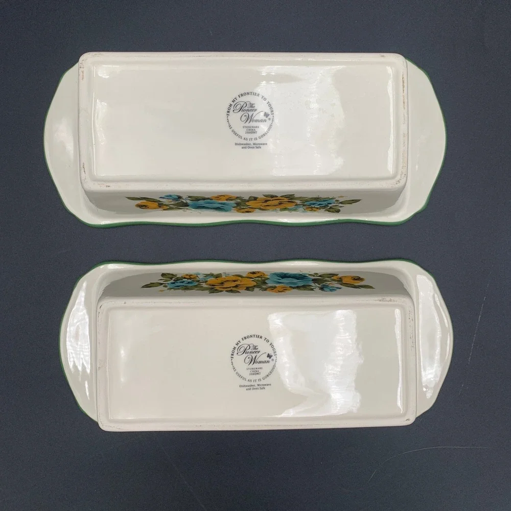 Pioneer Woman Rose Shadow Loaf Pan Set of 2 Stoneware Green Polka Dot Floral